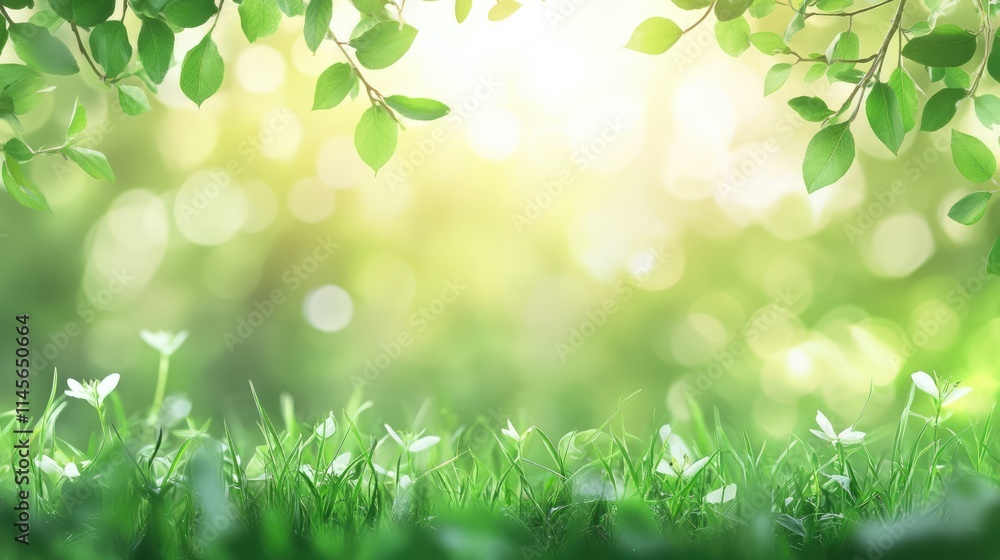 Lush green grass with vibrant leaves and delicate flowers creating a serene natural background with gentle light and soft bokeh effect Lush green grass with vibrant leaves and delicate flowers creating a serene natural background with gentle light and soft bokeh effect