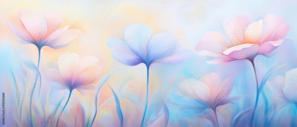 A painting of a field of flowers with a blue sky in the background A painting of a field of flowers with a blue sky in the background
