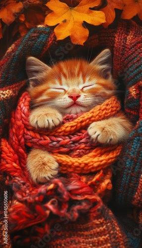 A cozy orange kitten wrapped in a colorful knitted blanket, peacefully sleeping among autumn leaves.