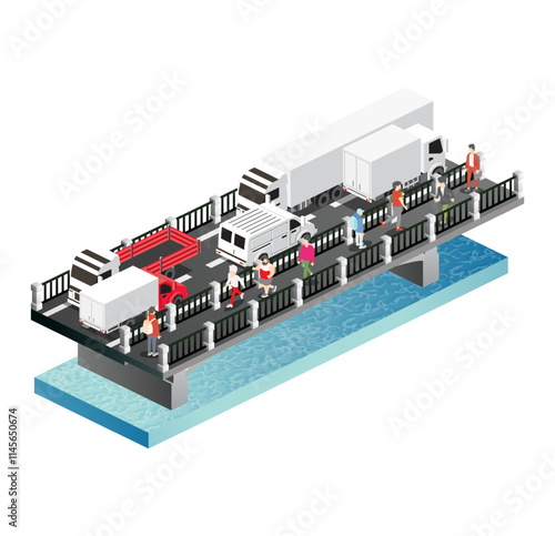 Isometric bridge with trucks, van and pedestrians. Road icon. Urban infrastructure. Highway bridge. Cars driving on a bridge.