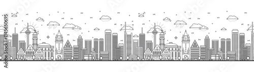 Seamless pattern with Outline Frankfurt Germany City Skyline with Modern Buildings Isolated on White. Frankfurt Cityscape with Landmarks.