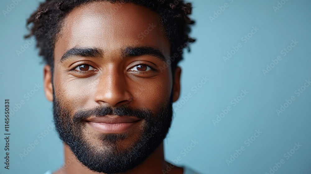 Obraz premium A man with a beard smiles confidently in a studio, showcasing his satisfaction with skincare and grooming treatments for cosmetic dermatology and hygiene.