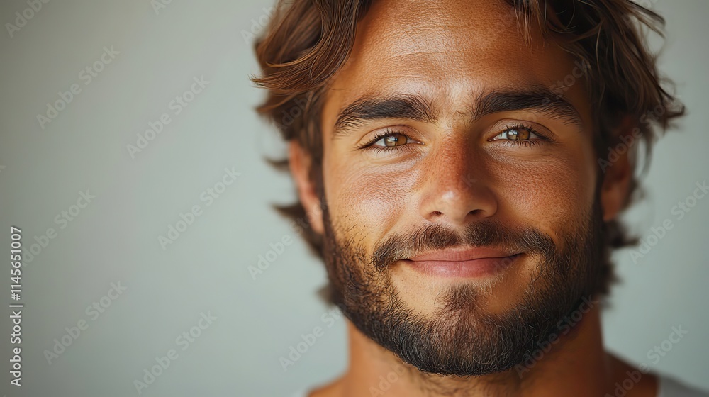 A man with a beard smiles confidently in a studio, showcasing his satisfaction with skincare and natural treatments for cosmetic dermatology and hygiene. A man with a beard smiles confidently in a studio, showcasing his satisfaction with skincare and natural treatments for cosmetic dermatology and hygiene.