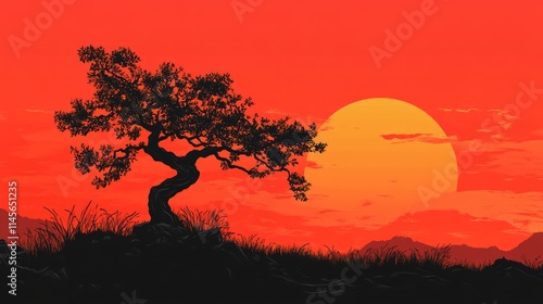 Silhouette of a tree against a vibrant sunset sky with a large sun and mountainous landscape in the background.