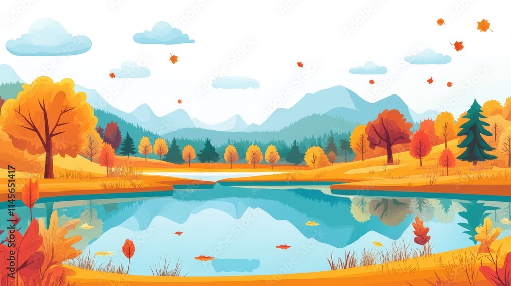 Fototapeta premium Autumn landscape with vibrant trees reflecting in a serene lake surrounded by mountains and a clear sky filled with soft clouds