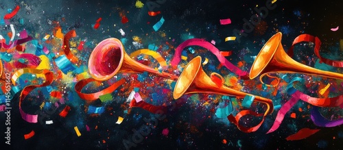 Colorful celebration with confetti streamers and lively trumpets creating a festive atmosphere for events and parties.