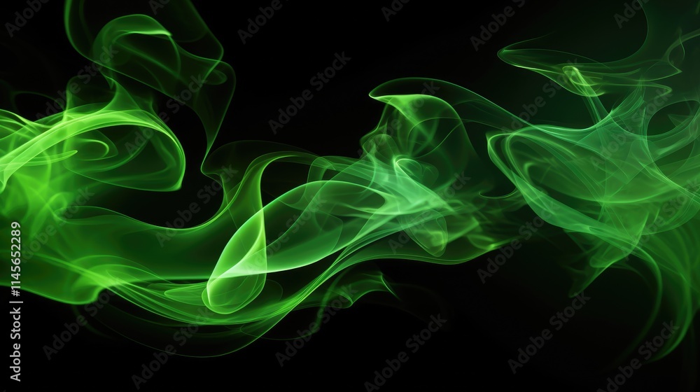 Obraz premium Abstract green smoke and flame waves swirling gracefully against a black background creating a mystical and hypnotic visual effect