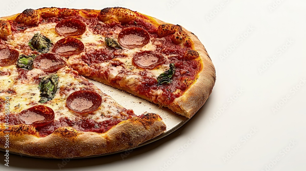 Delicious pepperoni pizza with a slice removed, on a white background. Delicious pepperoni pizza with a slice removed, on a white background.