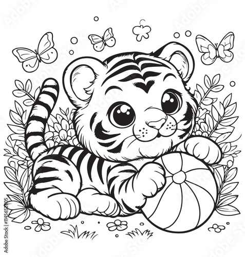 Coloring book cute tiger play with ball