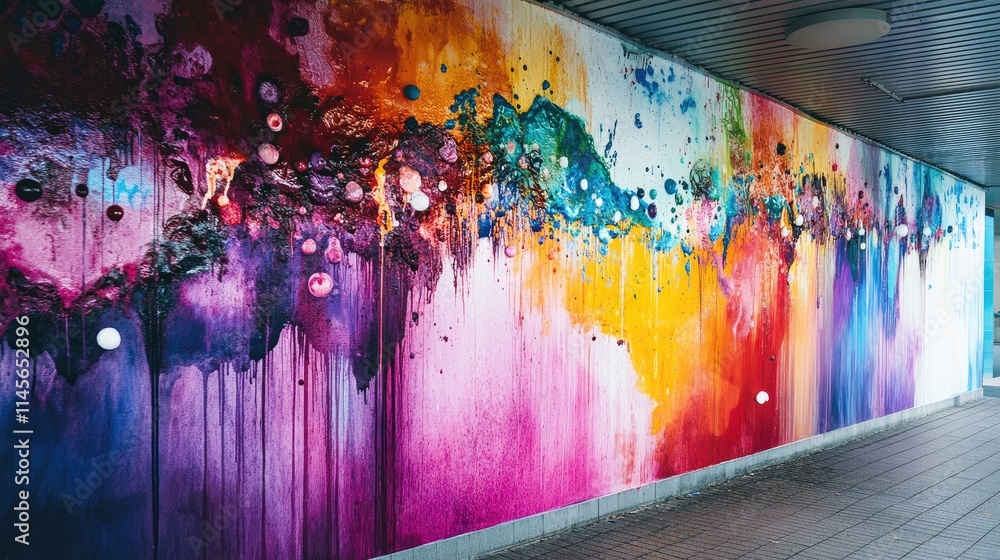 Fototapeta premium Vibrant abstract mural with colorful paint drips creating a visually striking artistic expression on a textured wall