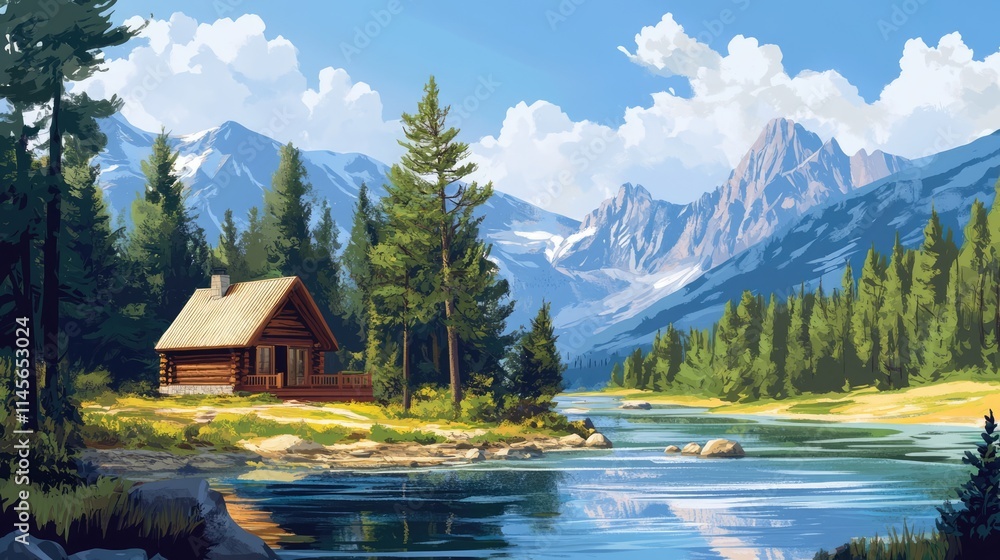 Fototapeta premium Scenic mountain cabin by tranquil river surrounded by lush trees and stunning peaks under a bright blue sky