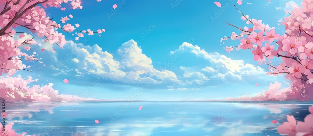 Tranquil cherry blossoms under a bright blue sky reflecting on serene water in a picturesque spring landscape Tranquil cherry blossoms under a bright blue sky reflecting on serene water in a picturesque spring landscape