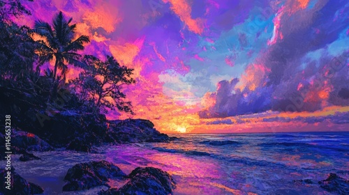 Vibrant beach sunset with multicolored skies reflecting on tranquil waters and silhouettes of palms and rocks in foreground