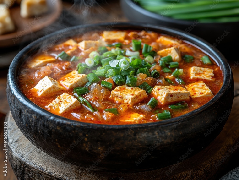 Tofu and Broth, Green Onions, Black Bowl with Lid, Wooden Table - Casual Dining Environment Tofu and Broth, Green Onions, Black Bowl with Lid, Wooden Table - Casual Dining Environment