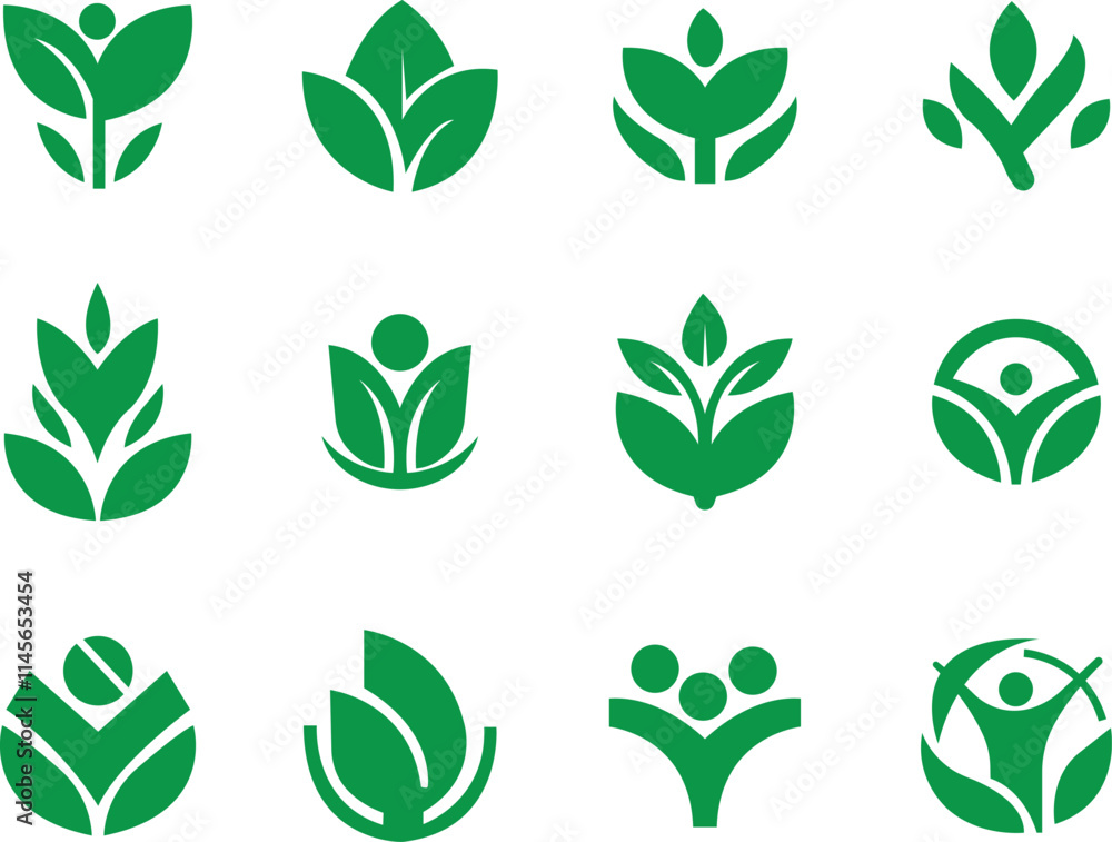 Eco friendly icons set in trendy green flat styles. Ecologic food stamp. Organic natural food vectors illustration. Element designs for natural concept collection isolated on transparent background.