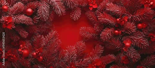 Festive red Christmas tree decoration with lush greenery creating a vibrant holiday background filled with seasonal cheer