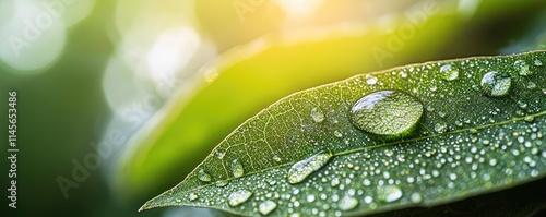 Macro natural idea. Close-up of green leaf with water droplets glistening in sunlight, showcasing nature's beauty.