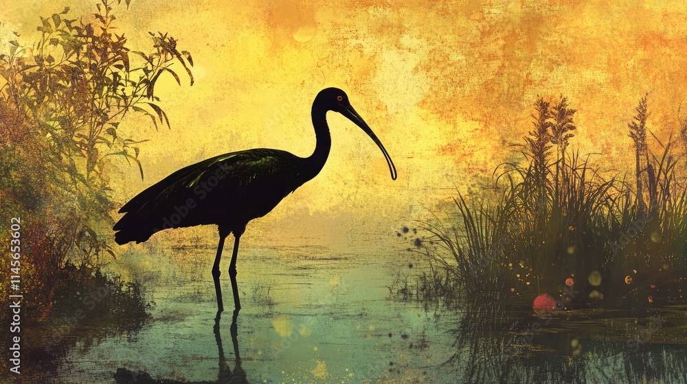 Fototapeta premium Silhouette of glossy ibis in wetland at sunset with vibrant colors and natural scenery, capturing serene wildlife beauty and tranquility