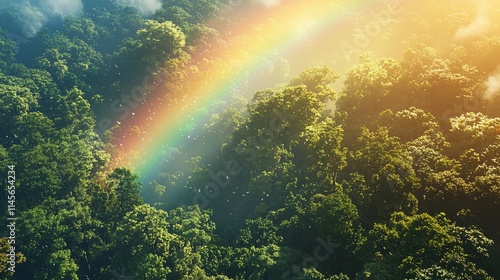 Magical rainbow over lush green forest with sunlight.