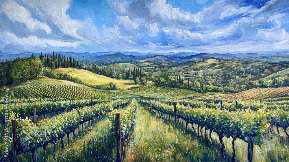 Fototapeta premium Vibrant Spring Vineyard Landscape with Rolling Hills and Expansive Blue Sky