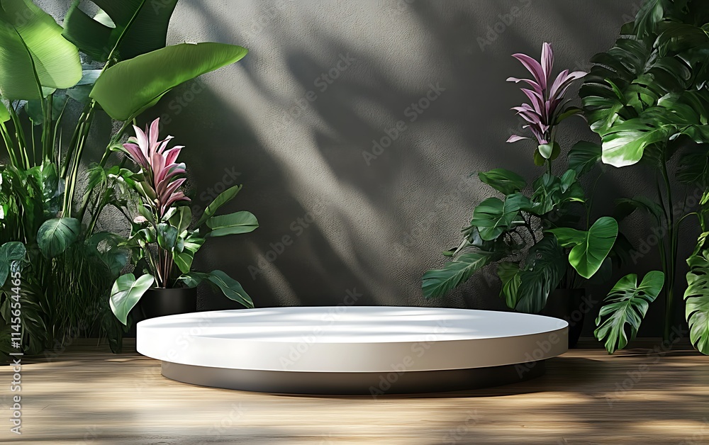 White round podium surrounded by lush tropical plants against a dark wall, bathed in sunlight. White round podium surrounded by lush tropical plants against a dark wall, bathed in sunlight.