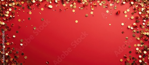 Golden festive confetti border on vibrant red background creating a celebratory mood perfect for holiday or event invitations and decorations