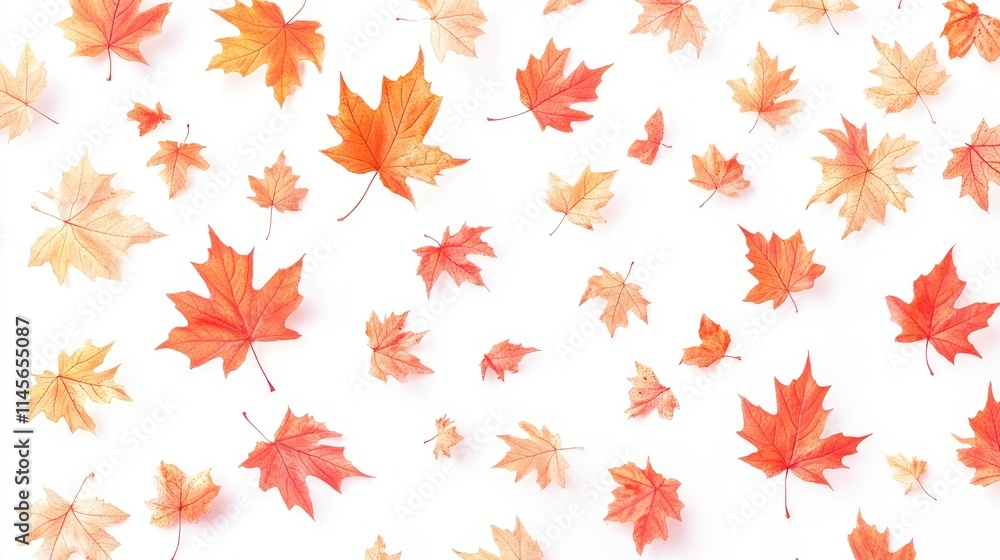 Isolated colorful maple autumn leaves scattered on a clean white background for seasonal decoration and design purposes Isolated colorful maple autumn leaves scattered on a clean white background for seasonal decoration and design purposes