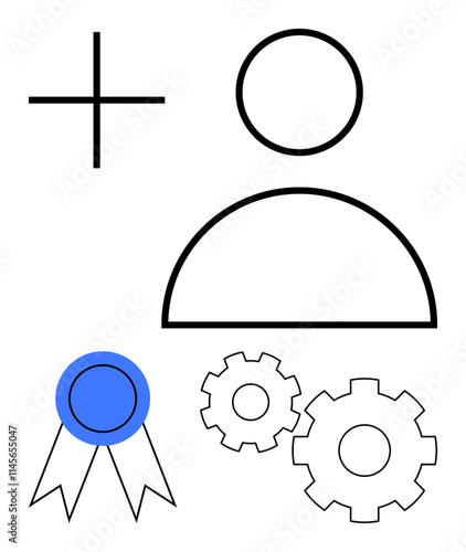 User icon with settings cogs, blue medal, and plus sign. Ideal for user profiles, account setup, user management, achievements, preferences customer service personalization. Line metaphor