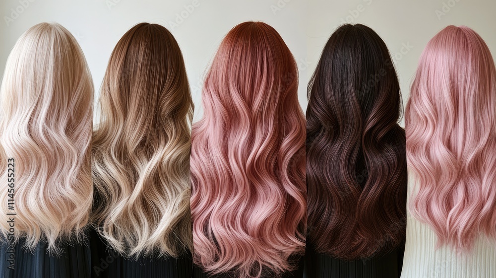 Fototapeta premium A series of women hair colors ranging from rich chestnut brown to pastel pink. Each hairstyle is styled differently, including sleek straight locks, voluminous curls,