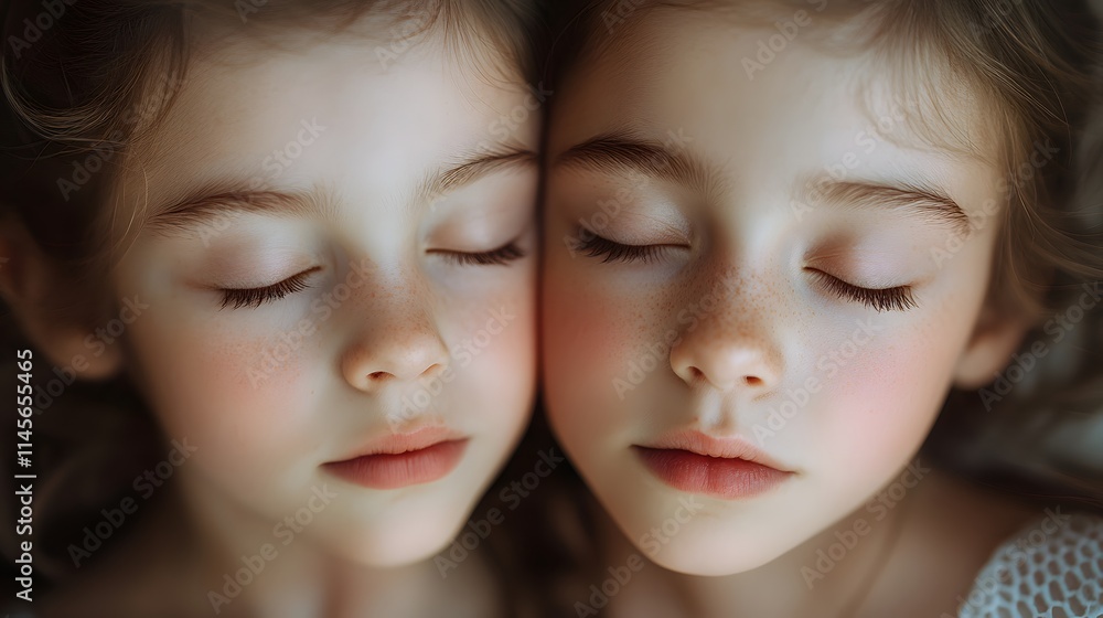 Twin girls peacefully sleeping together eyes closed Twin girls peacefully sleeping together eyes closed