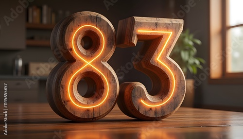 Wooden Number Eighty-Three with Neon Lights photo