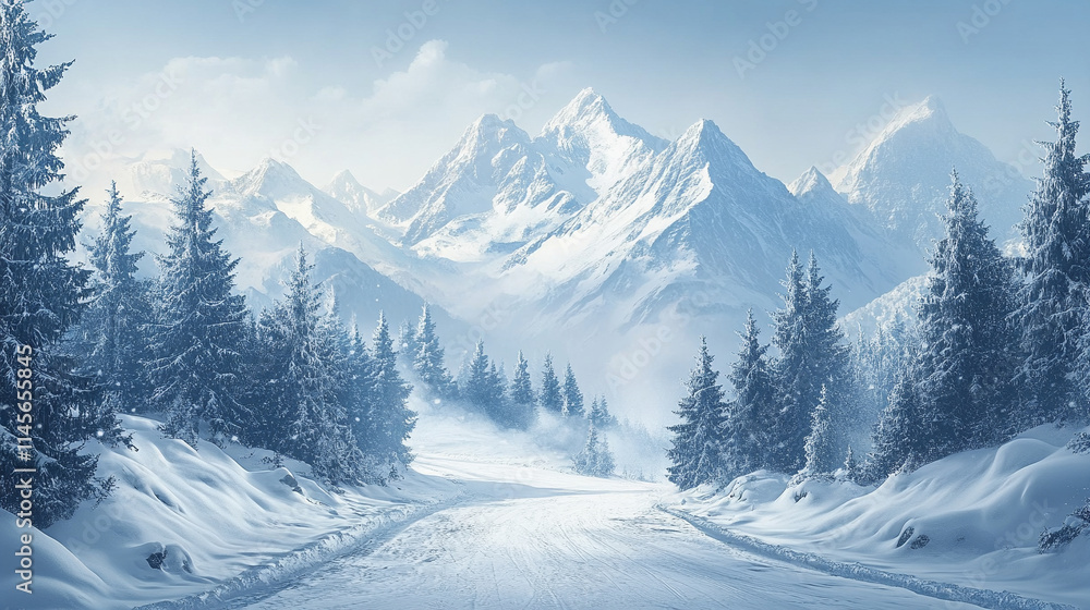 cold, snowy mountain road surrounded by towering evergreens during a fierce snowstorm. The scene evokes isolation, resilience, and the unpredictable chaos of nature amidst serene beauty cold, snowy mountain road surrounded by towering evergreens during a fierce snowstorm. The scene evokes isolation, resilience, and the unpredictable chaos of nature amidst serene beauty