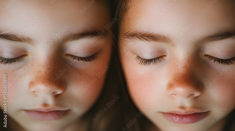 Twin girls with eyes closed peaceful faces Twin girls with eyes closed peaceful faces