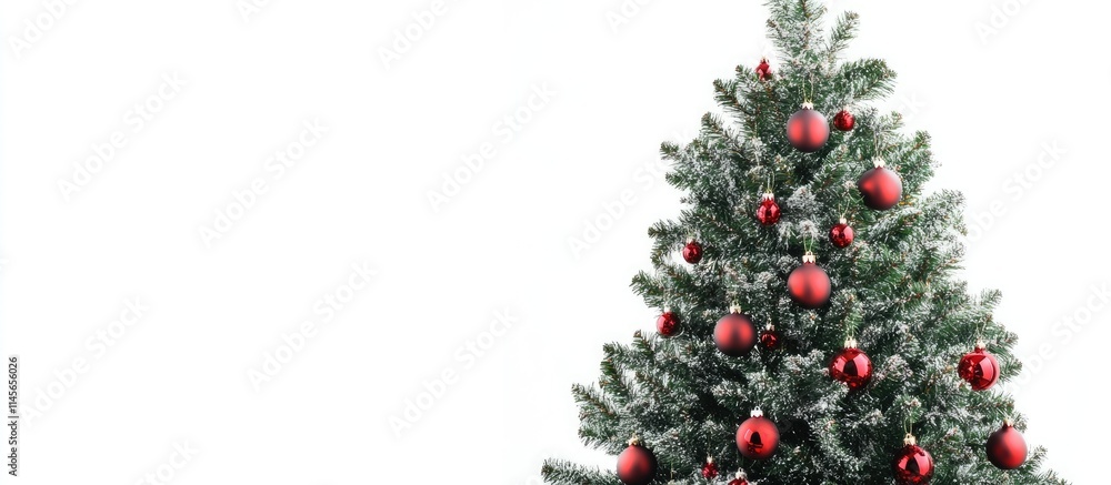 Elegant Christmas tree adorned with red ornaments set against a clean white background for festive holiday themed concepts. Elegant Christmas tree adorned with red ornaments set against a clean white background for festive holiday themed concepts.