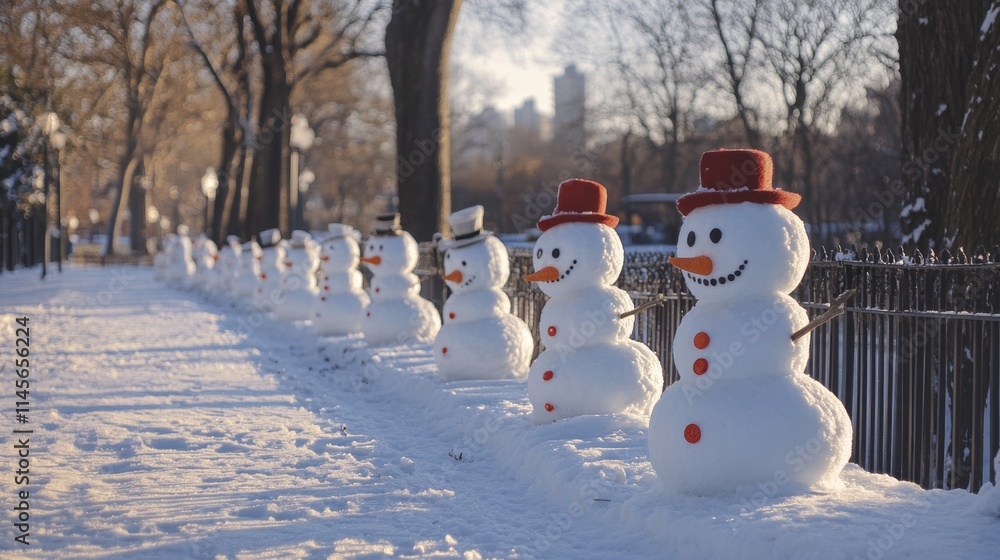 Obraz premium Cheerful snowmen line the snowy pathway in a vibrant winter park