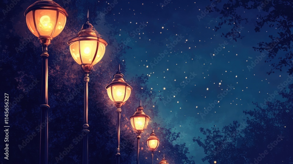 Obraz premium Magical street lamps illuminate a serene night sky filled with stars and vibrant colors in a tranquil outdoor setting