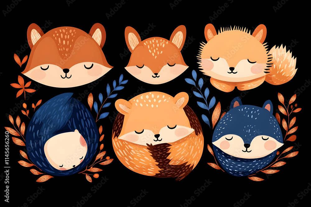 Fototapeta premium Cute sleeping fox and hedgehog illustrations, autumn leaves background, design elements.