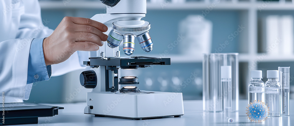 Norovirus outbreak concept and health themes, A scientist examines samples using a microscope in a laboratory setting with glassware in the background. Norovirus outbreak concept and health themes, A scientist examines samples using a microscope in a laboratory setting with glassware in the background.