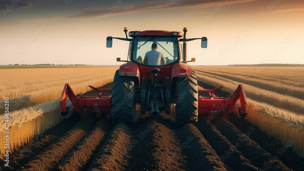 Fototapeta premium Harvesting wheat fields with tractor rural landscape agriculture photography sunset view