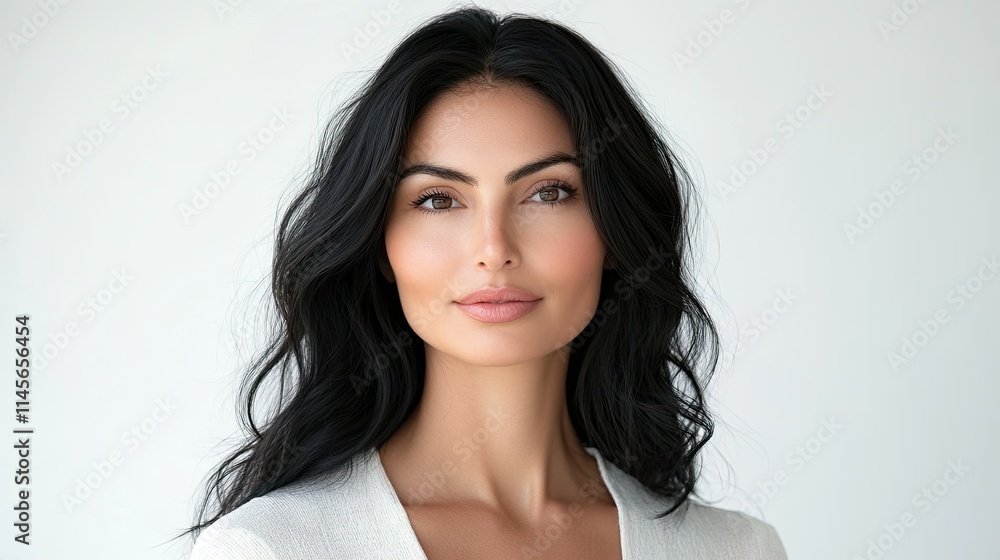 A striking woman with silky raven-black hair styled in smooth voluminous layers The light catches the sheen of her flawless lock perfectly complementing the white background for a modern and chic look A striking woman with silky raven-black hair styled in smooth voluminous layers The light catches the sheen of her flawless lock perfectly complementing the white background for a modern and chic look