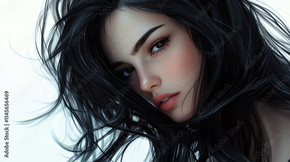 A striking woman with silky raven-black hair styled in smooth voluminous layers The light catches the sheen of her flawless lock perfectly complementing the white background for a modern and chic look A striking woman with silky raven-black hair styled in smooth voluminous layers The light catches the sheen of her flawless lock perfectly complementing the white background for a modern and chic look