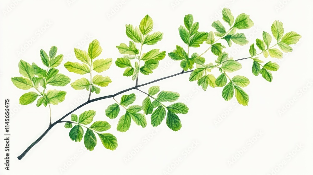 Botanical illustration of a green leaves sprig showcasing woodland foliage and nature's vibrant hues Botanical illustration of a green leaves sprig showcasing woodland foliage and nature's vibrant hues