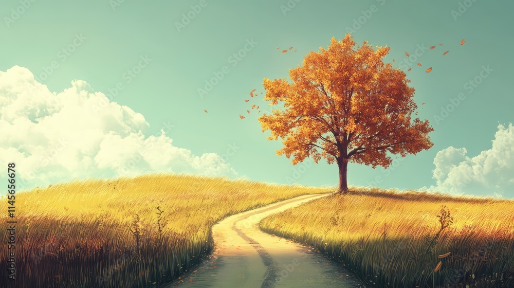 Serene winding road leading to a majestic autumn tree on a sunny day with blue skies and fluffy clouds in the background.