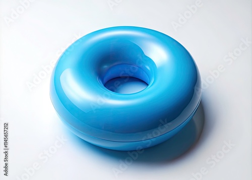 3D Cartoon Blue Donut Torus: Geometric Plastic Element, Realistic Render, White Background photo