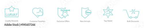 Loyalty Rewards, Customer Favorite, Exclusive Offers, New Arrivals, Top Rated, Bulk Discounts Icon Set
