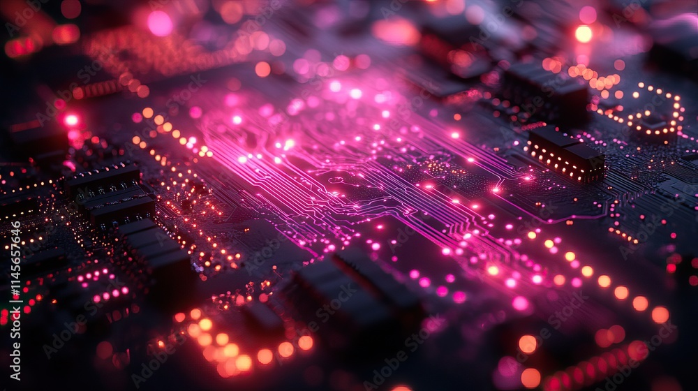 A neon circuit board with a networking graph represents futuristic engineering, cloud computing, big data, and the metaverse, highlighting digital transformation and high-tech art. A neon circuit board with a networking graph represents futuristic engineering, cloud computing, big data, and the metaverse, highlighting digital transformation and high-tech art.