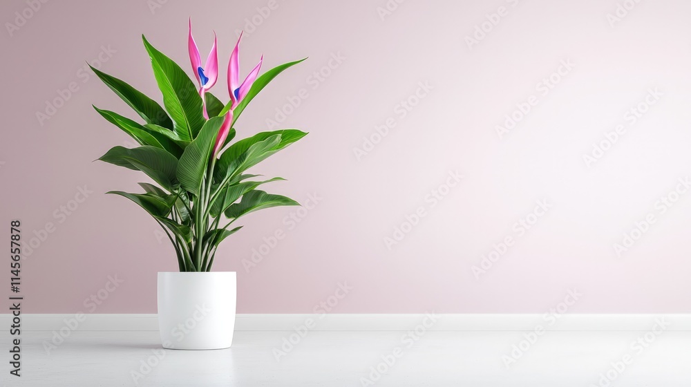 Pink bird of paradise flower in white pot against pale pink wall. Pink bird of paradise flower in white pot against pale pink wall.