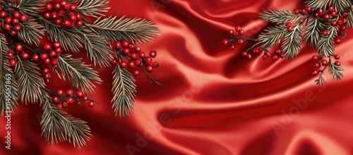 Christmas tree branches adorned with vibrant rowan berries on a rich silky red background ideal for festive seasonal designs