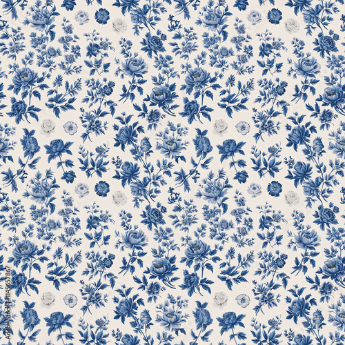 Classic seamless floral pattern with blue roses and peonies on white background, detailed floral design in shades of navy and sky blue, elegant and timeless, generative ai photo