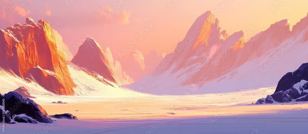 Obraz premium breathtaking desert valley landscape illuminated by warm morning sunlight showcasing majestic mountain peaks and serene vastness